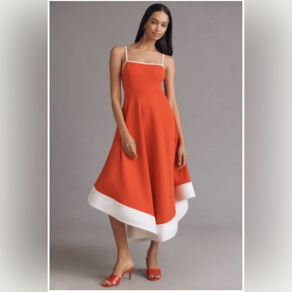Anthropology Maeve Color-block A Line Midi Elegant Red and White Dress SZ PM